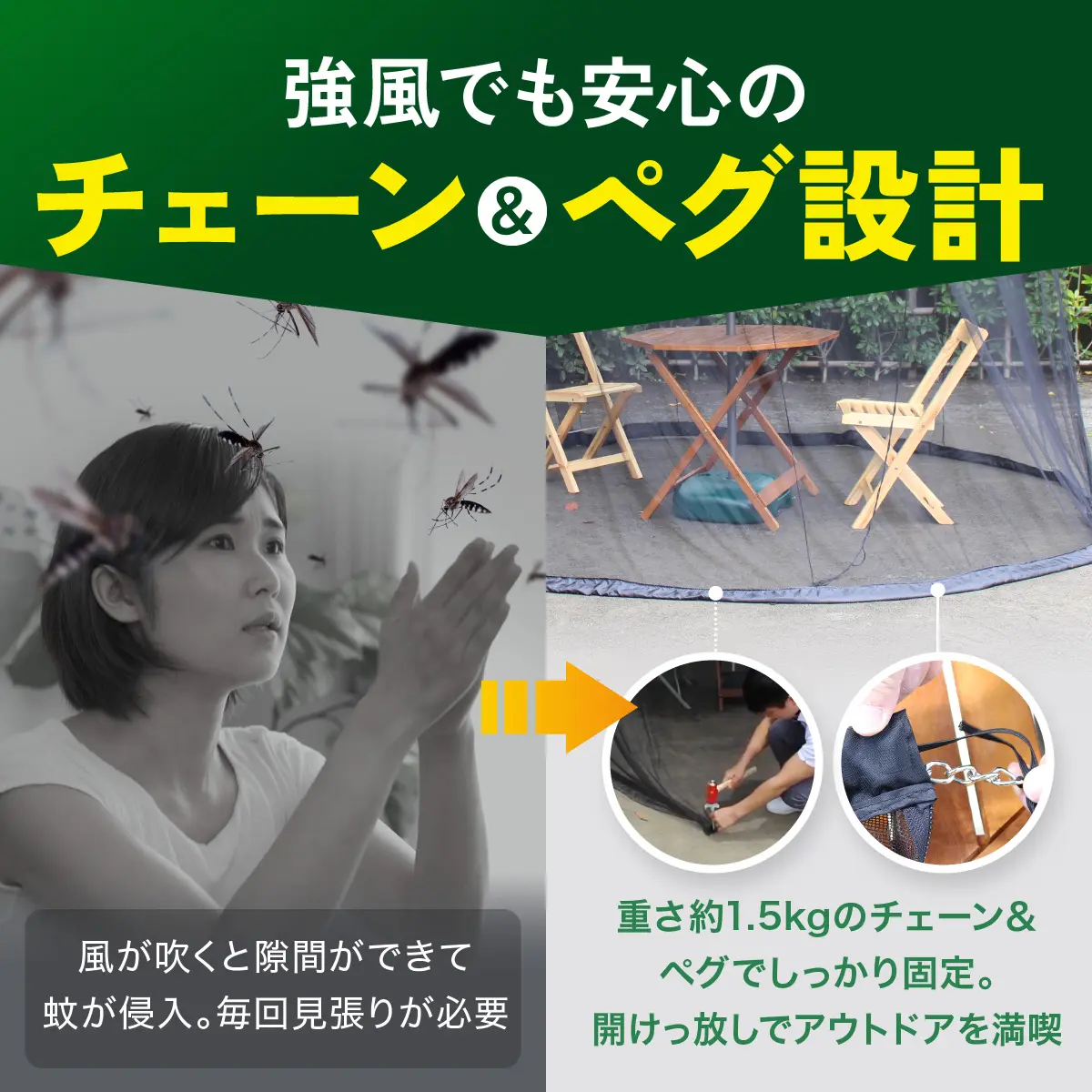 強風でも安心のチェーン＆ペグ設計